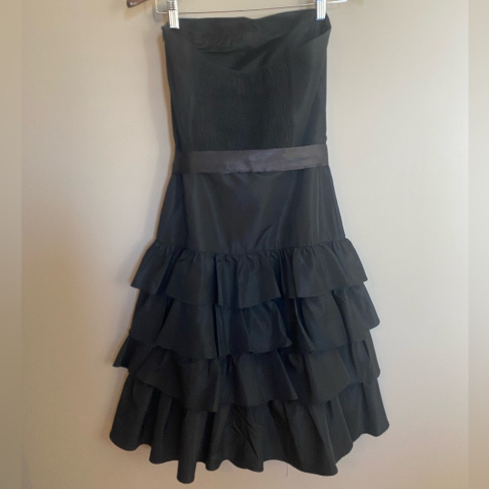 Zara Black Strapless Cocktail Dress Ruffled Belted Smocked Back Size Small - Picture 3 of 5